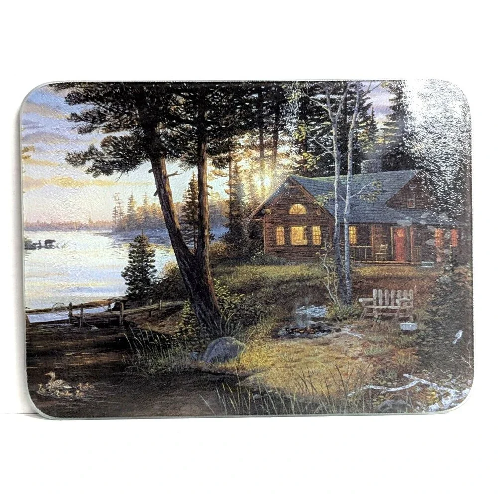 Rivers Edge Cabin on Lake Tempered Glass Cutting Board Cabin Rustic Kitchen NEW